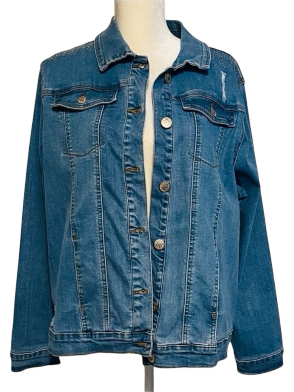 Riverso Denim Jacket Womens 2X Blue Stretch Distressed Trucker Jean Jacket